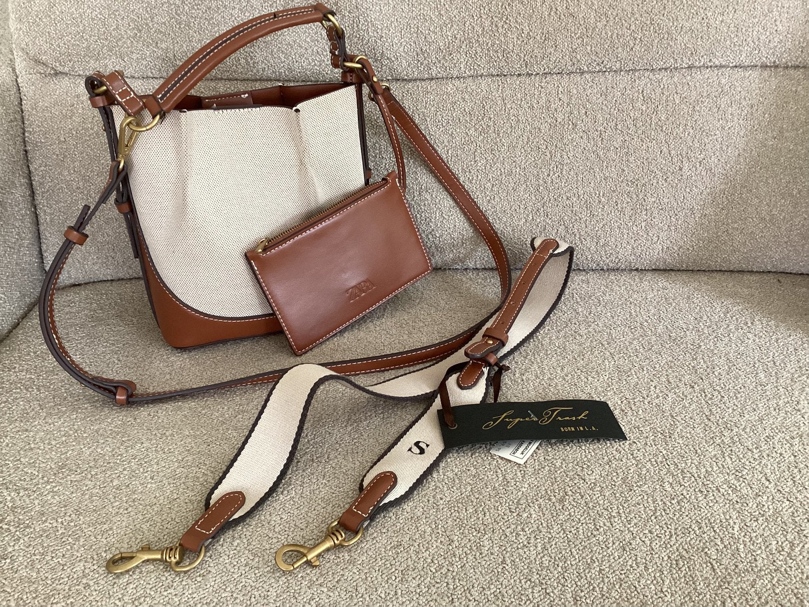 Canvas/vegan leren tas v ZARA+lang hengsel v SUPERTRASH zgan, Ophalen of Verzenden, Zo goed als nieuw
