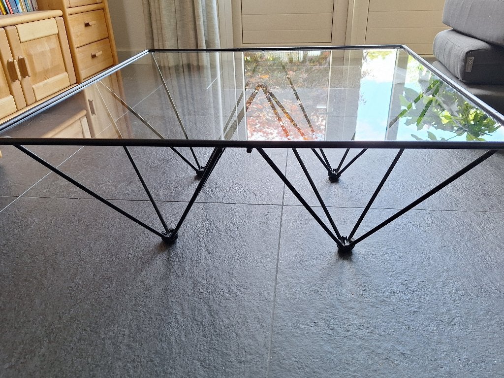 Salontafel 80x80, zwart metaal met glazen blad, Huis en Inrichting, Tafels | Salontafels, Ophalen, Gebruikt, 50 tot 100 cm, Vierkant
