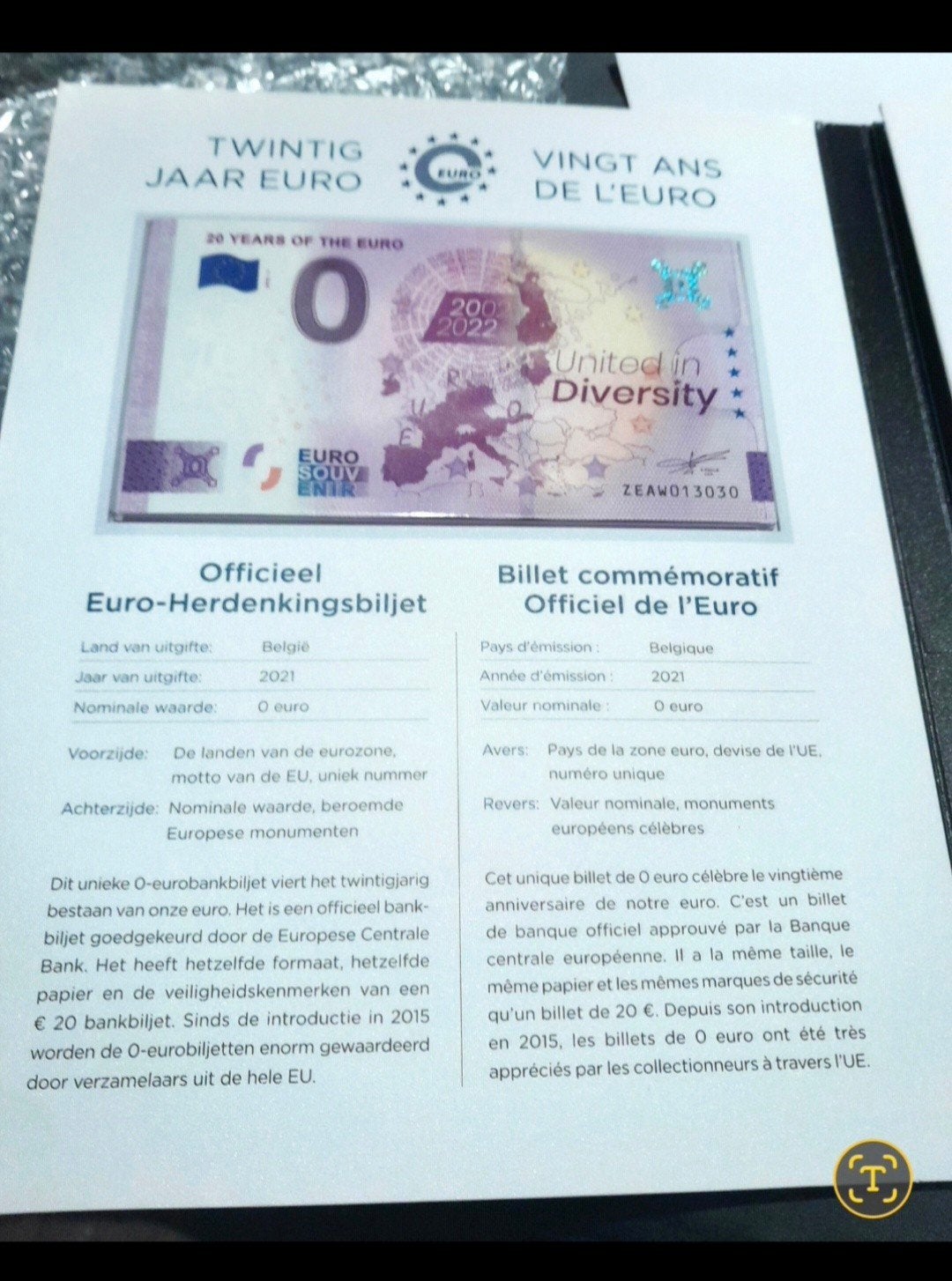 20 Jaar Euro "0 Euro biljet met verzamelmap", Ophalen of Verzenden, Nederland, Bankbiljetten
