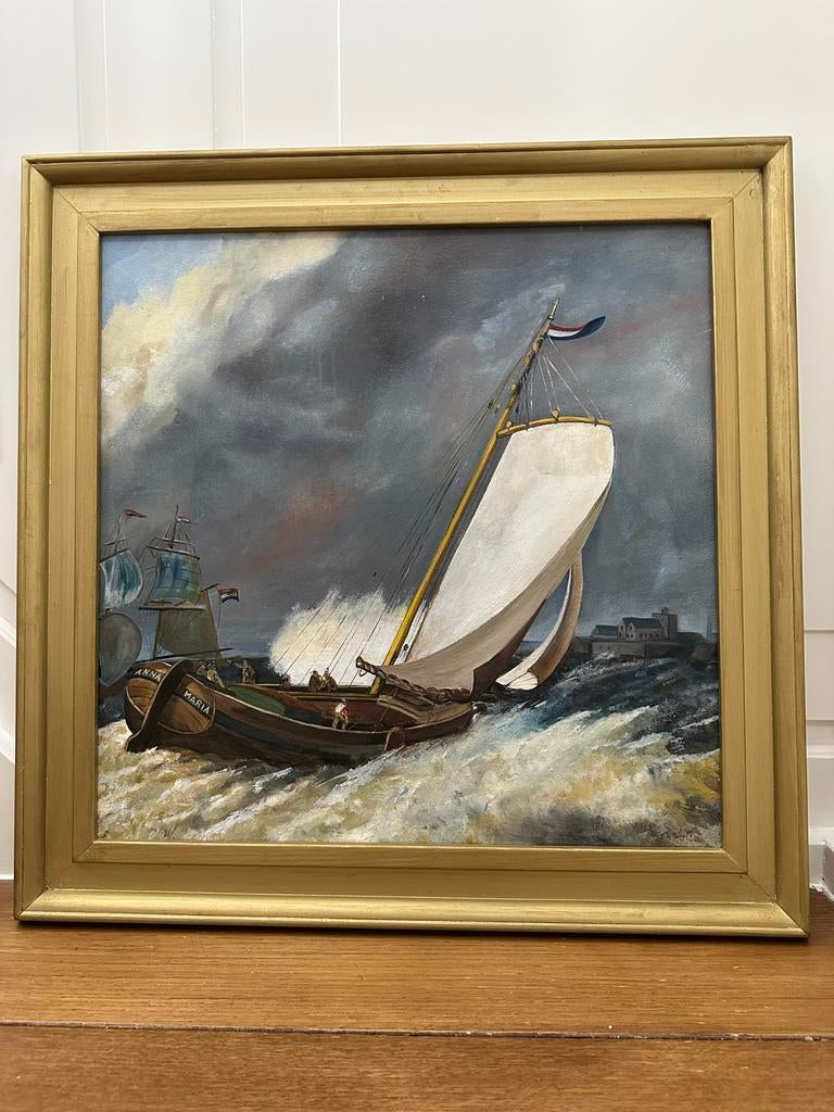 Vintage Olieverf Schilderij Zeilschip op Zee, Maritiem, Ophalen of Verzenden
