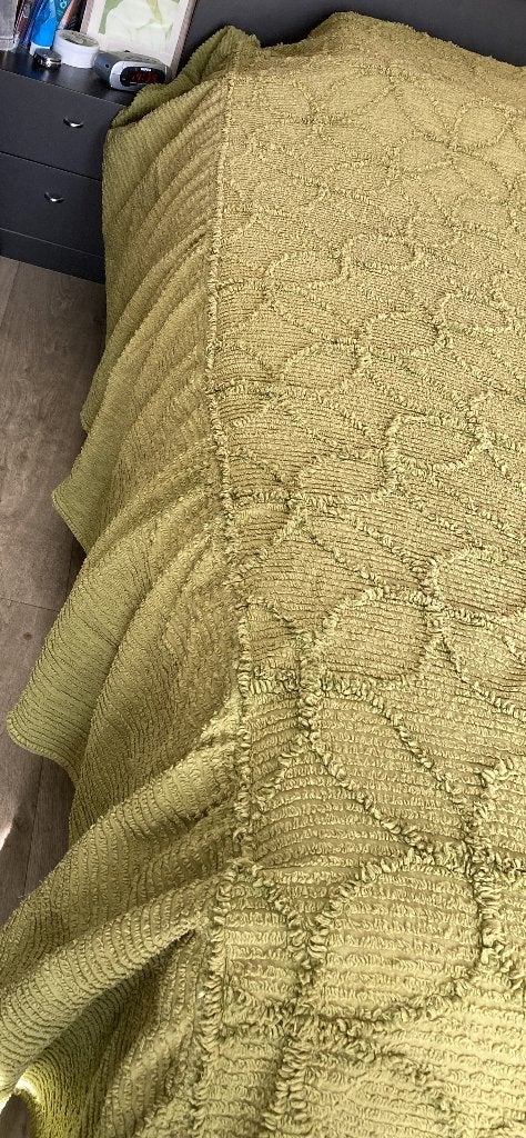 Vintage / Chenille - groene sprei / twijfelaar, Gebruikt, Eenpersoons, Katoen, Ophalen of Verzenden