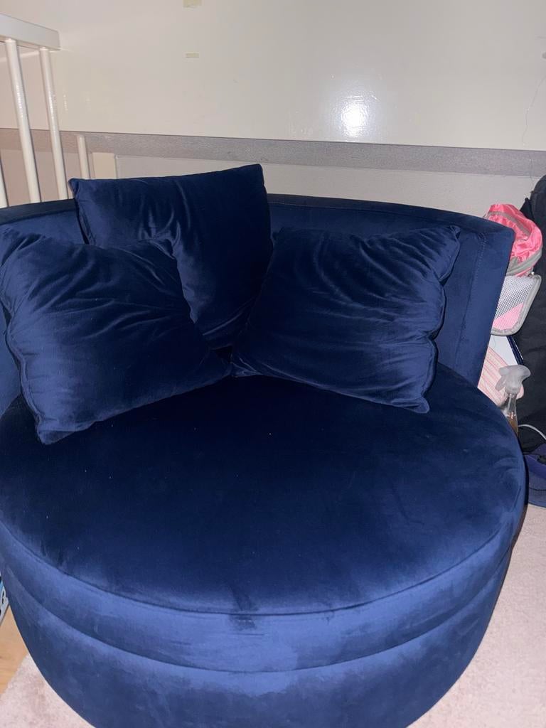 Zitmaxx Fauteuil Chelsea Rond 125 cm - Donkerblauw Velvet, Ophalen, 125 tot 150 cm, 125 cm of meer, Zo goed als nieuw