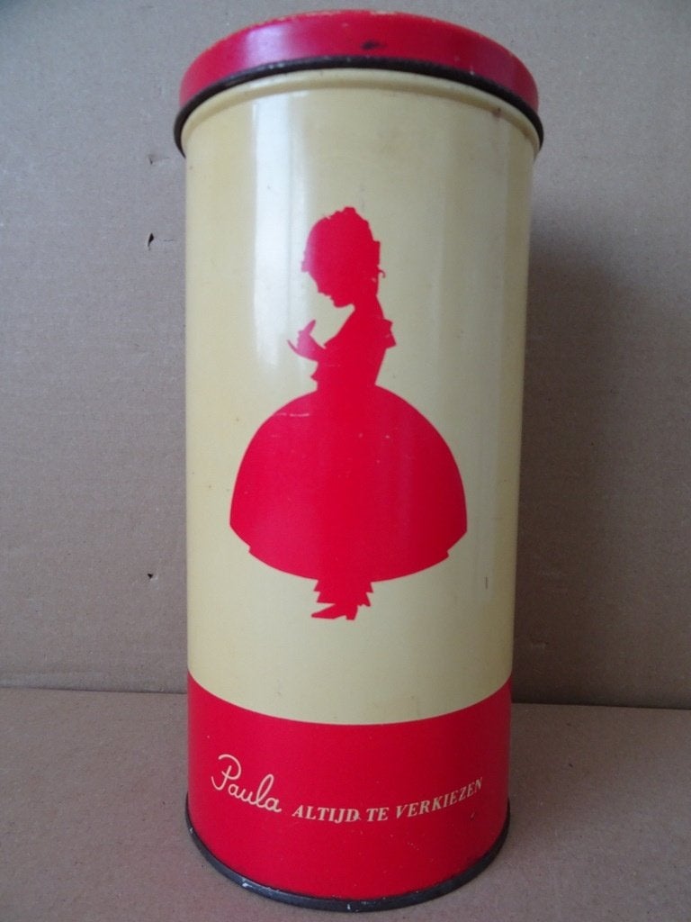 Vintage beschuitbus beschuitblik Paula jaren 50reclamedesign, Verzamelen, Ophalen of Verzenden, Gebruikt, Beschuit, Overige merken