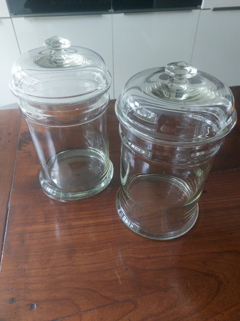 2 Vintage glazen apothekerspotten met deksel en knopgreep, Ophalen of Verzenden
