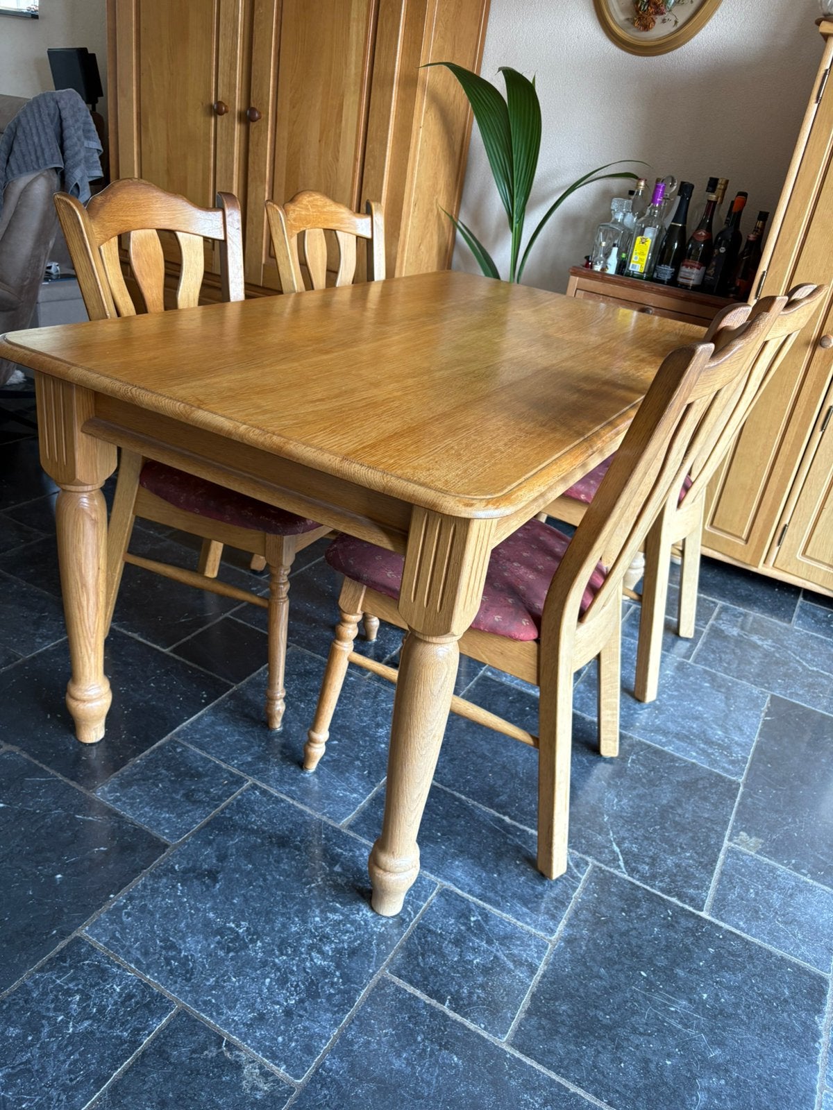 Lichteiken eetkamertafel met 4 stoelen, Ophalen, Gebruikt, Eikenhout, 50 tot 100 cm