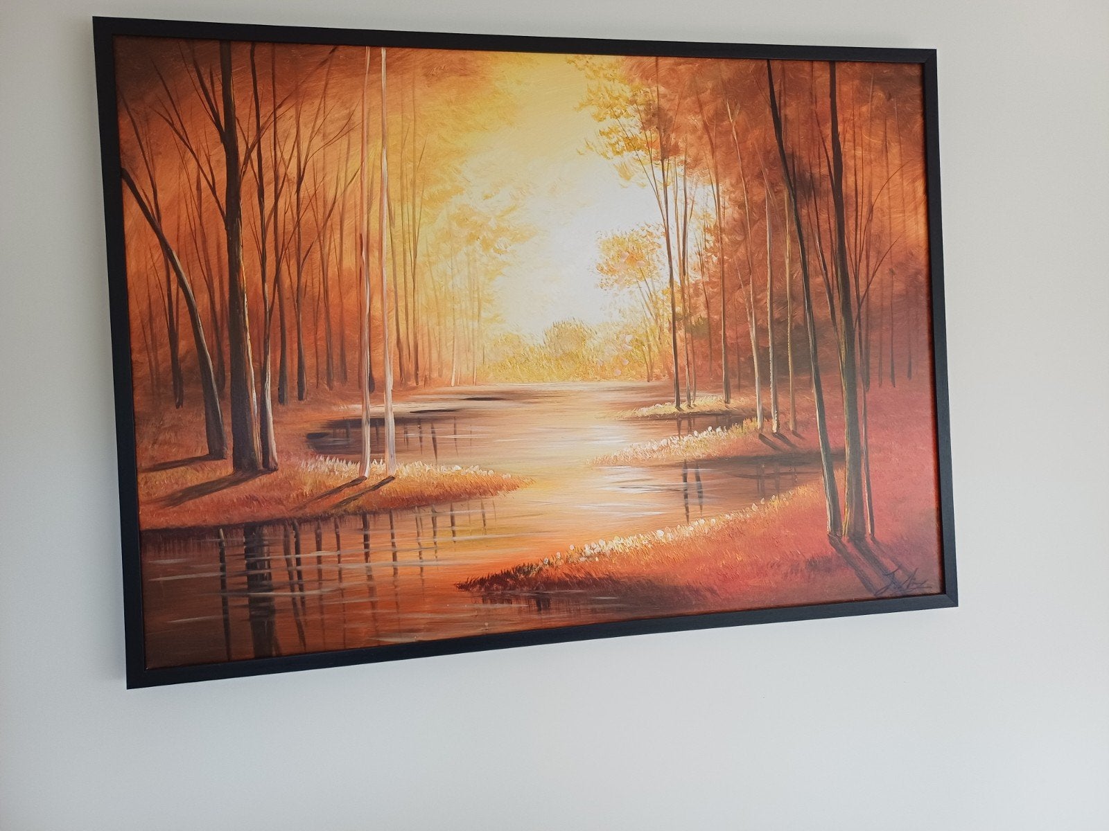 Schilderij Herfstbos met water, 144x104cm, Ophalen, Doek, Realistisch, Origineel werk