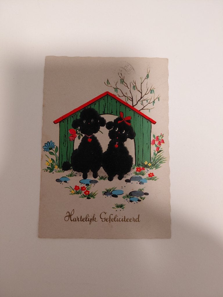Hartelijk gefeliciteerd honden poedel bij hondenhok vintage, Verzenden, 1960 tot 1980, Gelopen, Overige thema's