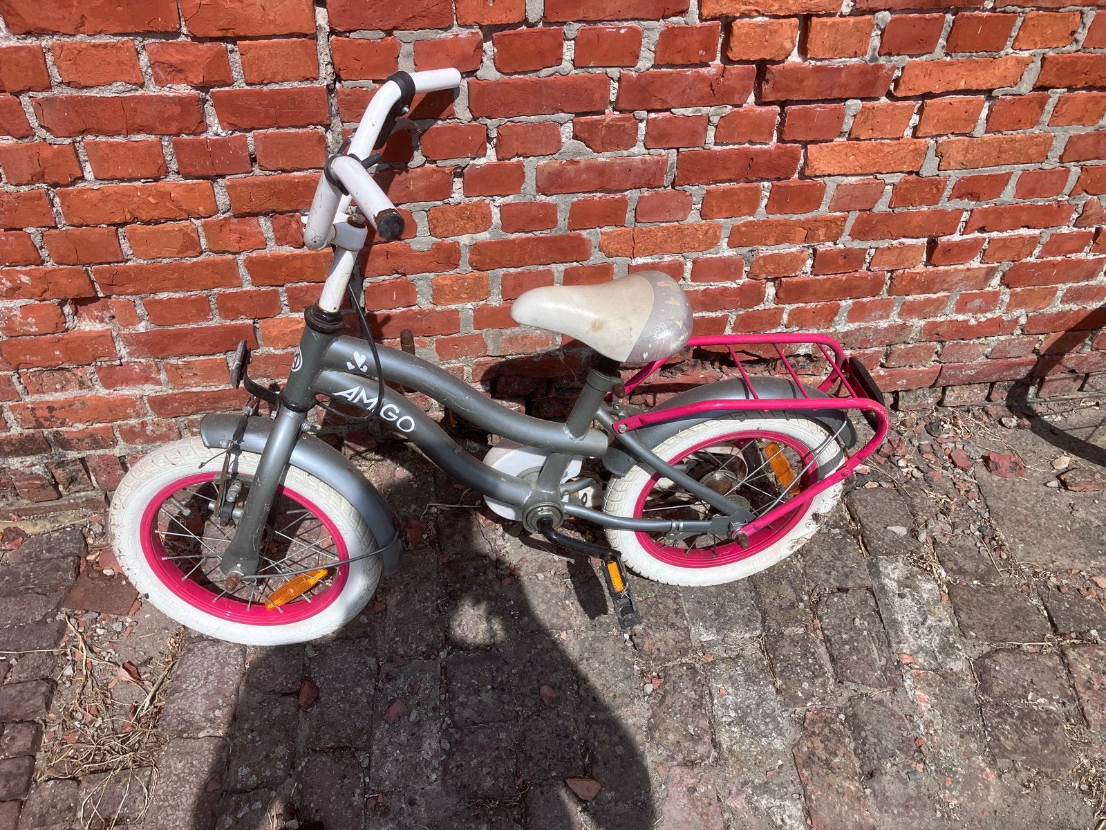 Amigo Kinderfiets - Grijs/Roze - 14 inch, Ophalen, Gebruikt, Terugtraprem, Minder dan 16 inch