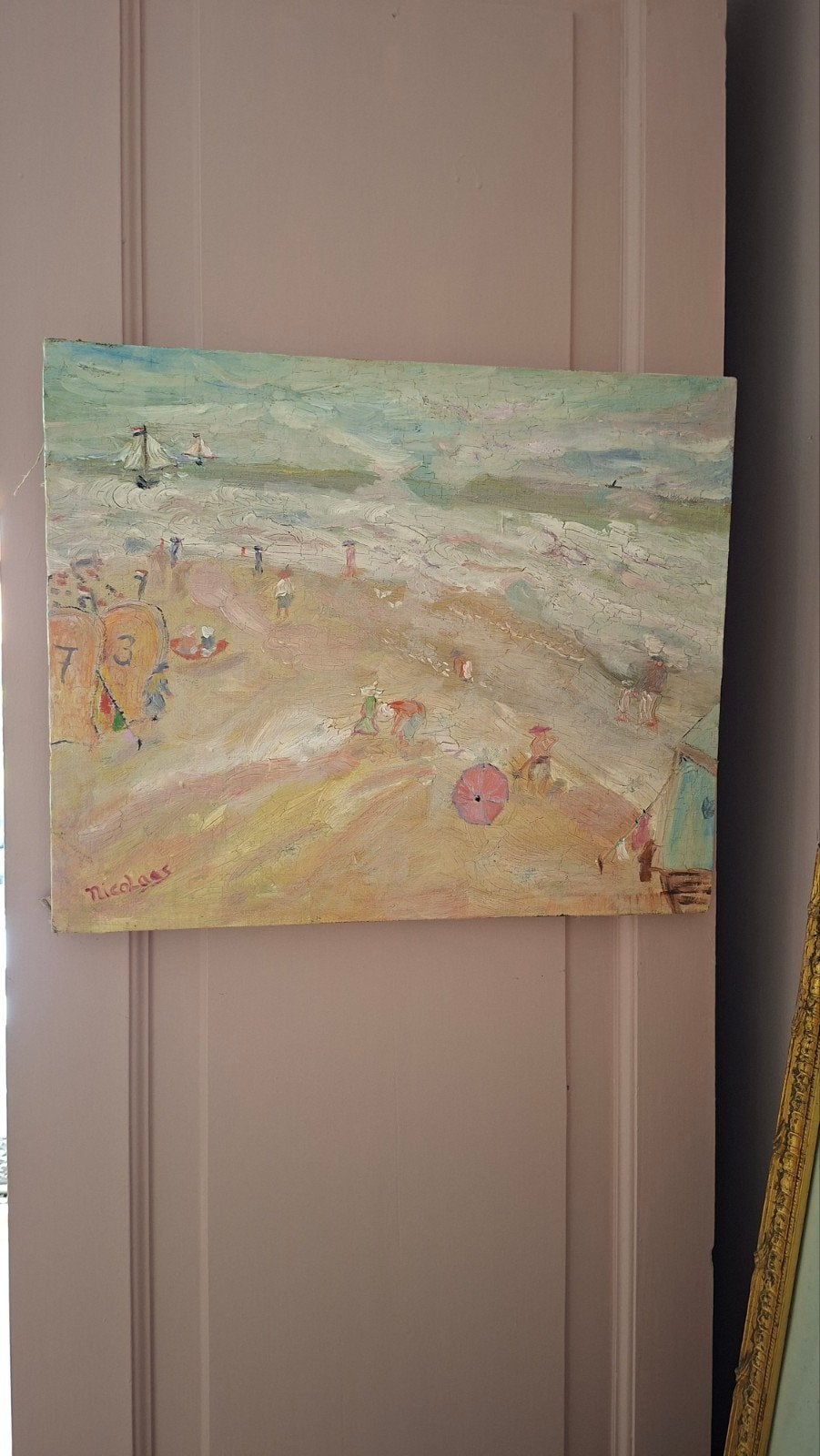 Schilderij strandgezicht rond 1900, gesigneerd Nicolaas, Antiek en Kunst, Kunst | Schilderijen | Klassiek, Ophalen of Verzenden