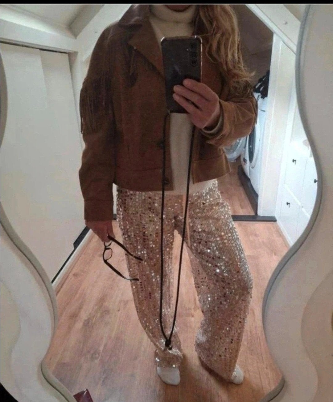 nieuwe suède jas met franjes,nieuwe pailletten broek, Ophalen of Verzenden
