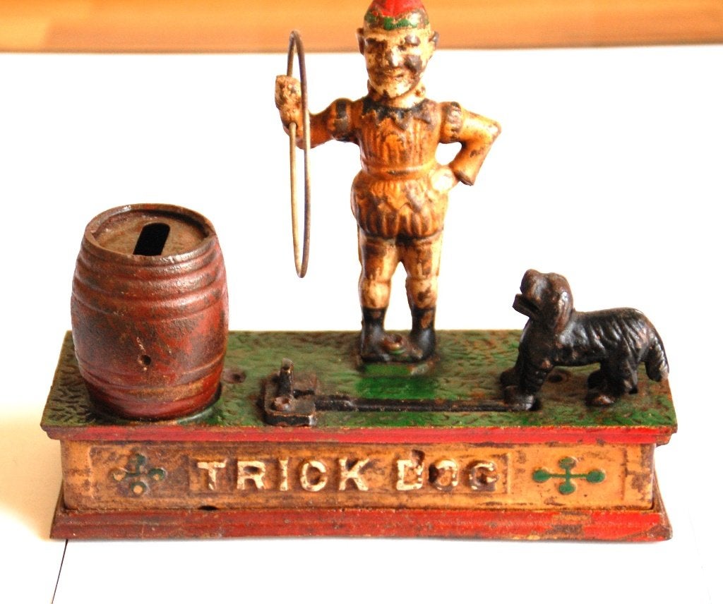 Antieke Spaarpot Trick dog Artillery Bank, Ophalen of Verzenden, Gebruikt, Metaal of Blik, Dier