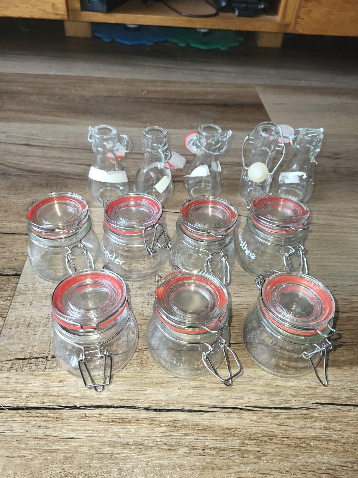 22 weckpotjes /flesjes van glas, Voorraadpot, Ophalen, Zo goed als nieuw, Glas