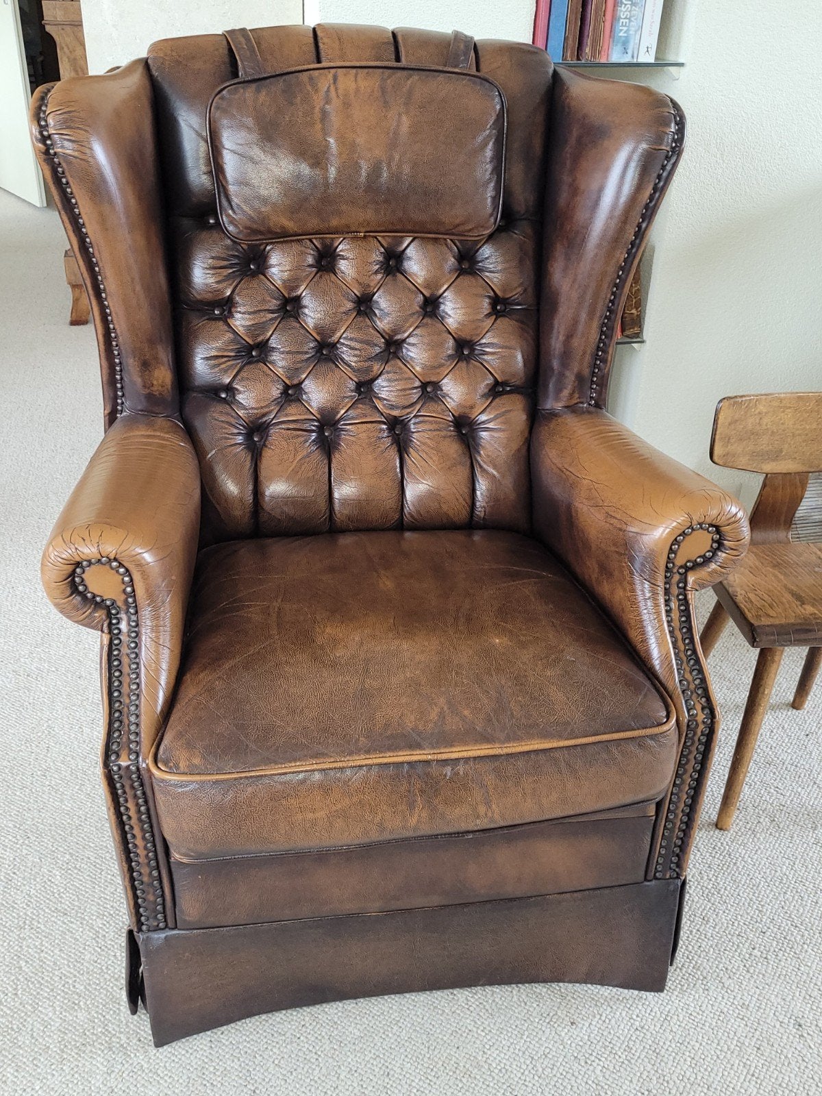 Leren Chesterfield bank en fauteuil set, Ophalen, Gebruikt, Driepersoons, 200 tot 250 cm