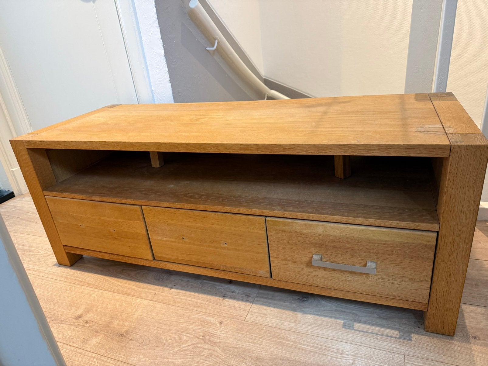 TV-meubel eiken 120 cm - 3 laden - JYSK Hampton, Ophalen, Gebruikt, 100 tot 150 cm, Eikenhout