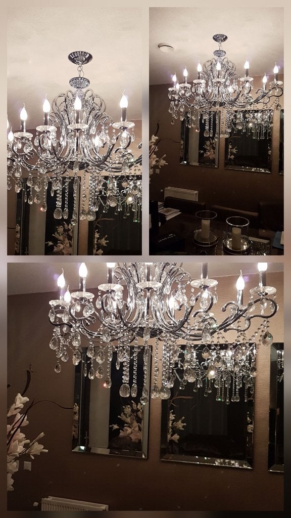 Moderne Maria Therese kroonluchter. Ovaal. 12 arm, Ophalen, Zo goed als nieuw, Glas, Moderne variant van de Maria Theresa kroonluchter