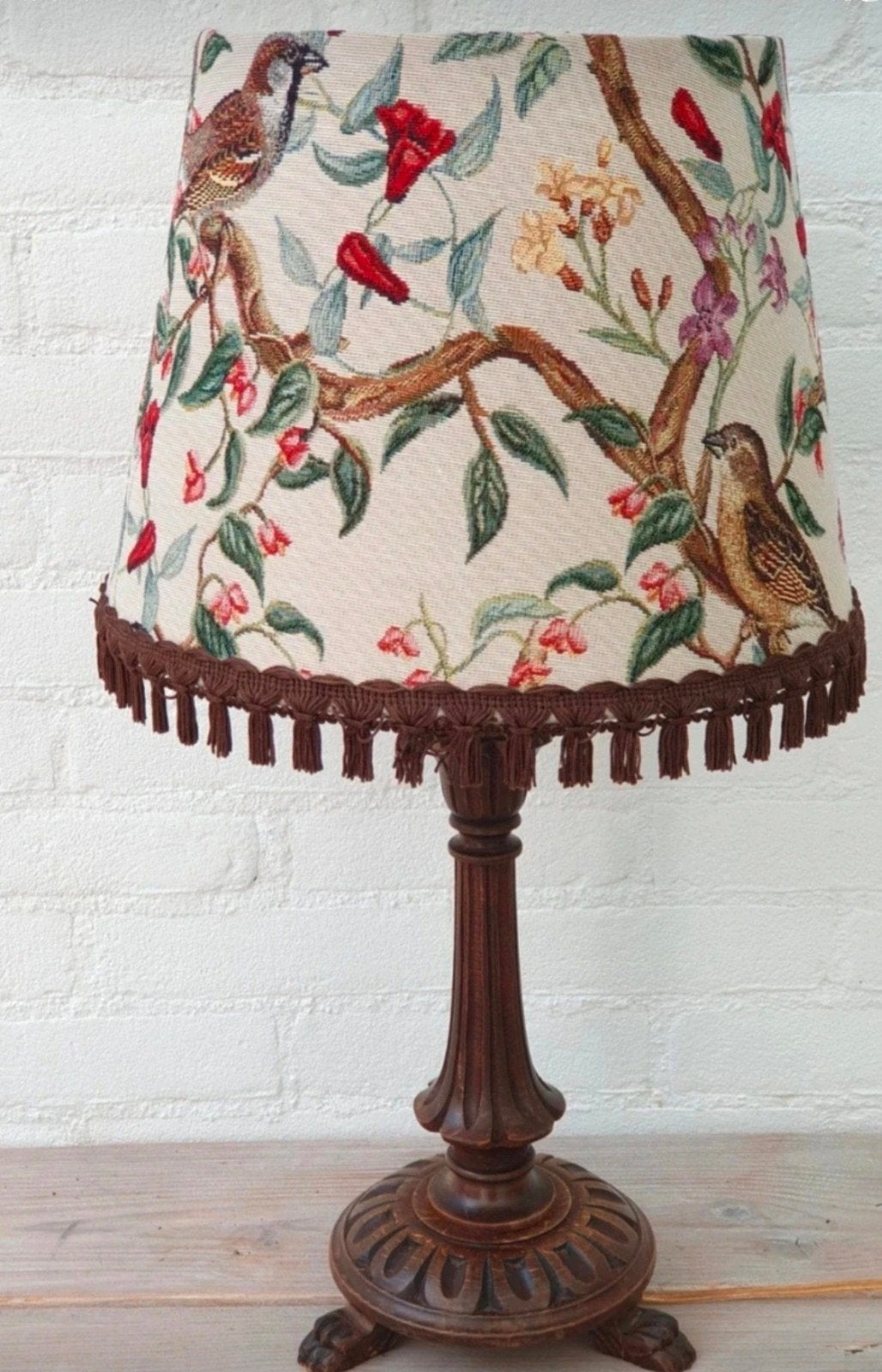 Lamp met print van vogels op bloeiende takken, Huis en Inrichting, Ophalen of Verzenden, Hout, Met schakelaar, Vintage