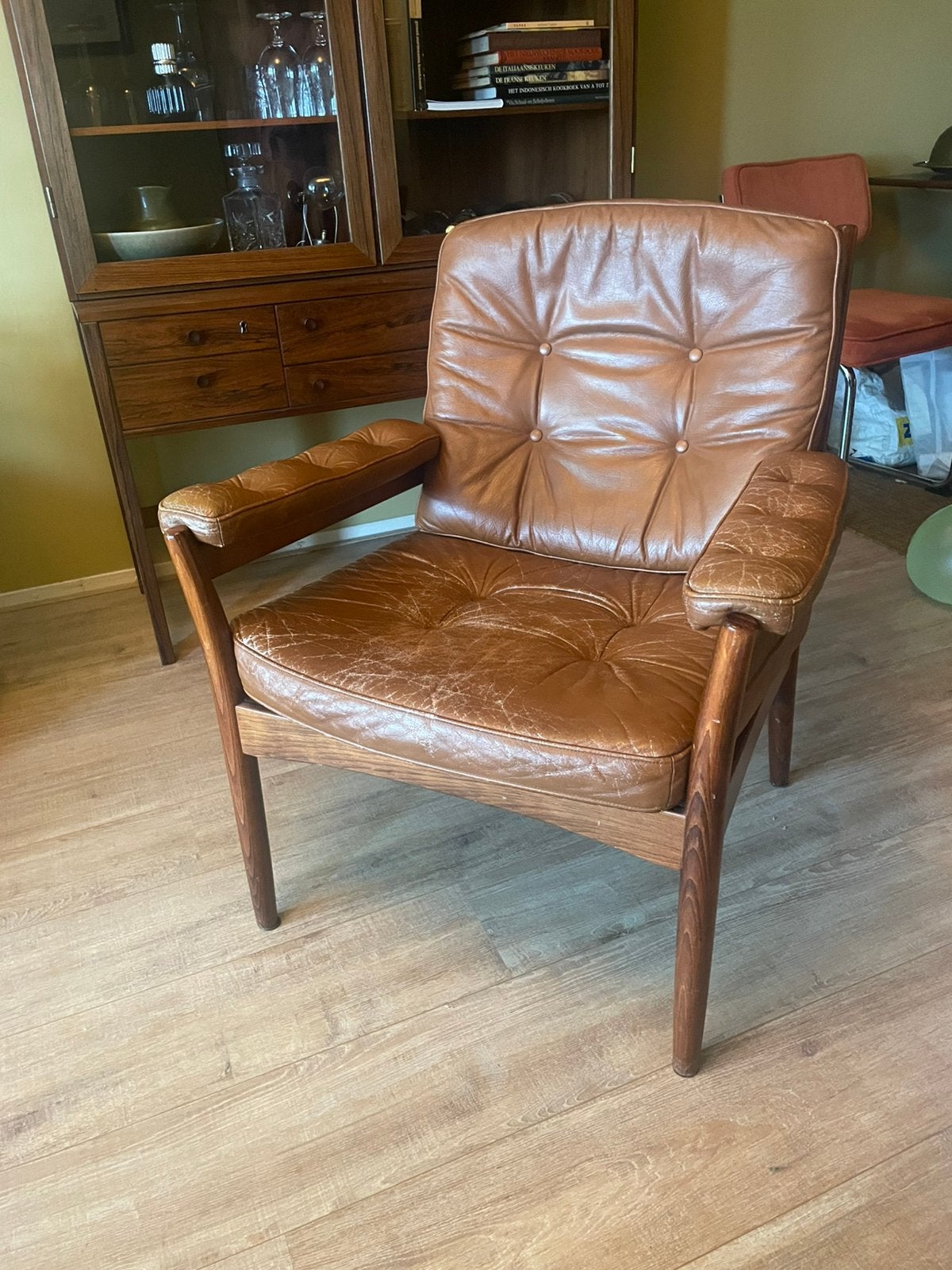 Vintage G mobel fauteuil göte möbler zweden, Huis en Inrichting, Stoelen, Gebruikt, Overige kleuren, Vintage, Leer