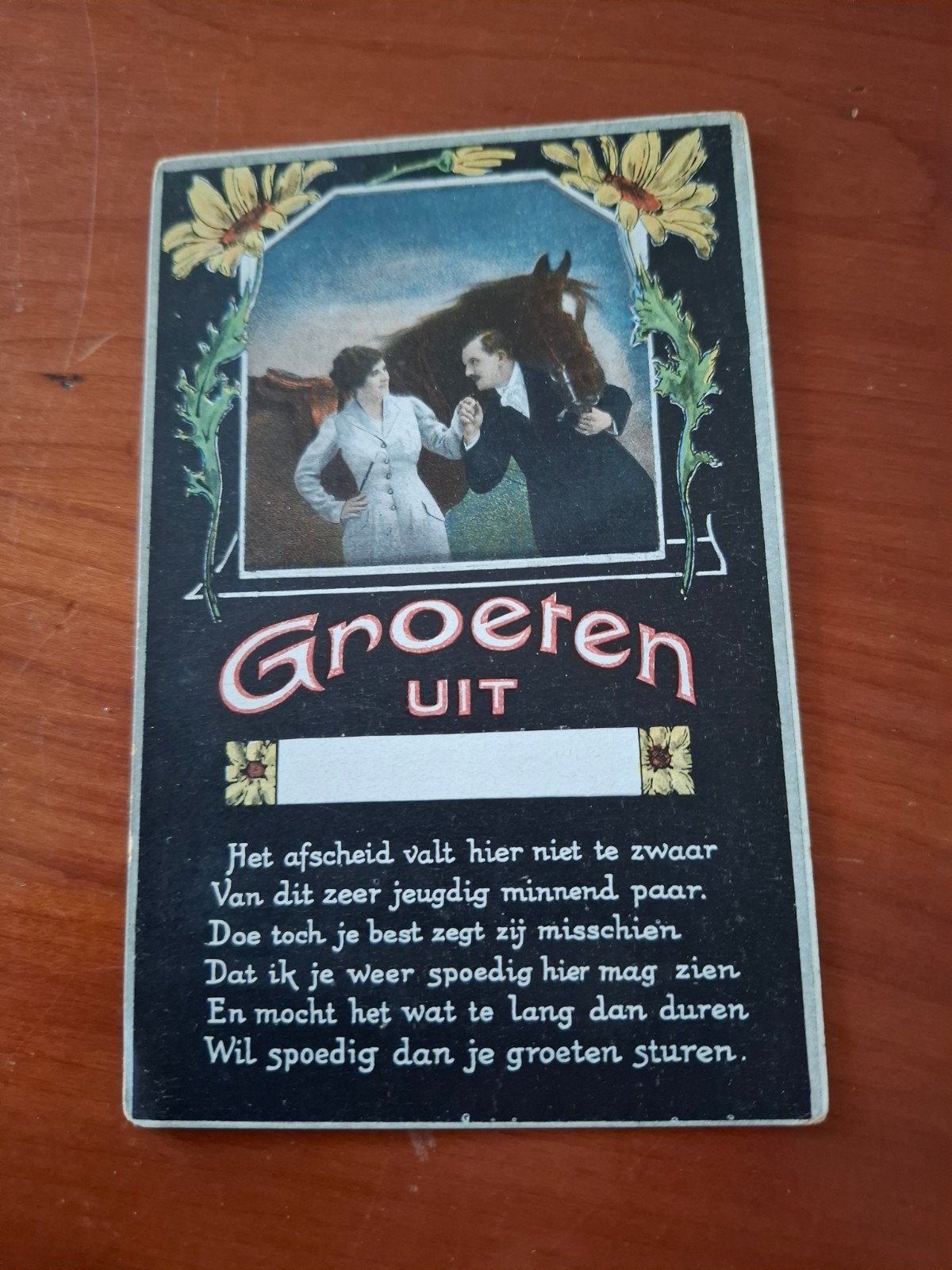 paard man vrouw Groeten uit Afscheid valt niet te zwaar, Ophalen of Verzenden, Voor 1920, Ongelopen, Overige thema's