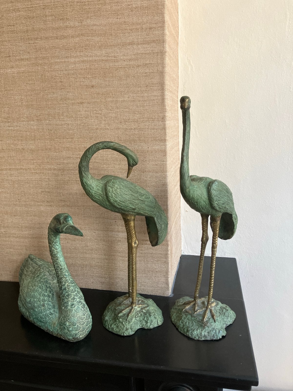 Set van 3 bronzen kraanvogel beelden, groen gepatineerd, Antiek en Kunst, Kunst | Beelden en Houtsnijwerken, Ophalen of Verzenden