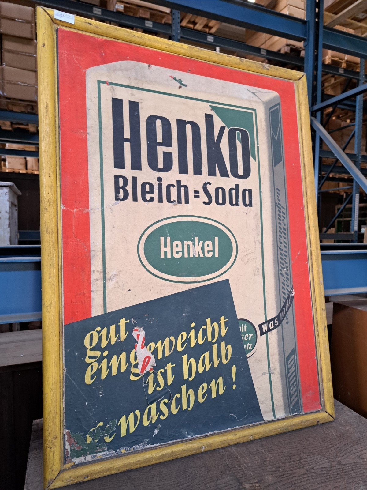 Vintage Henko Bleich-Soda Reclamebord in Houten Lijst, Ophalen of Verzenden, Gebruikt, Reclamebord