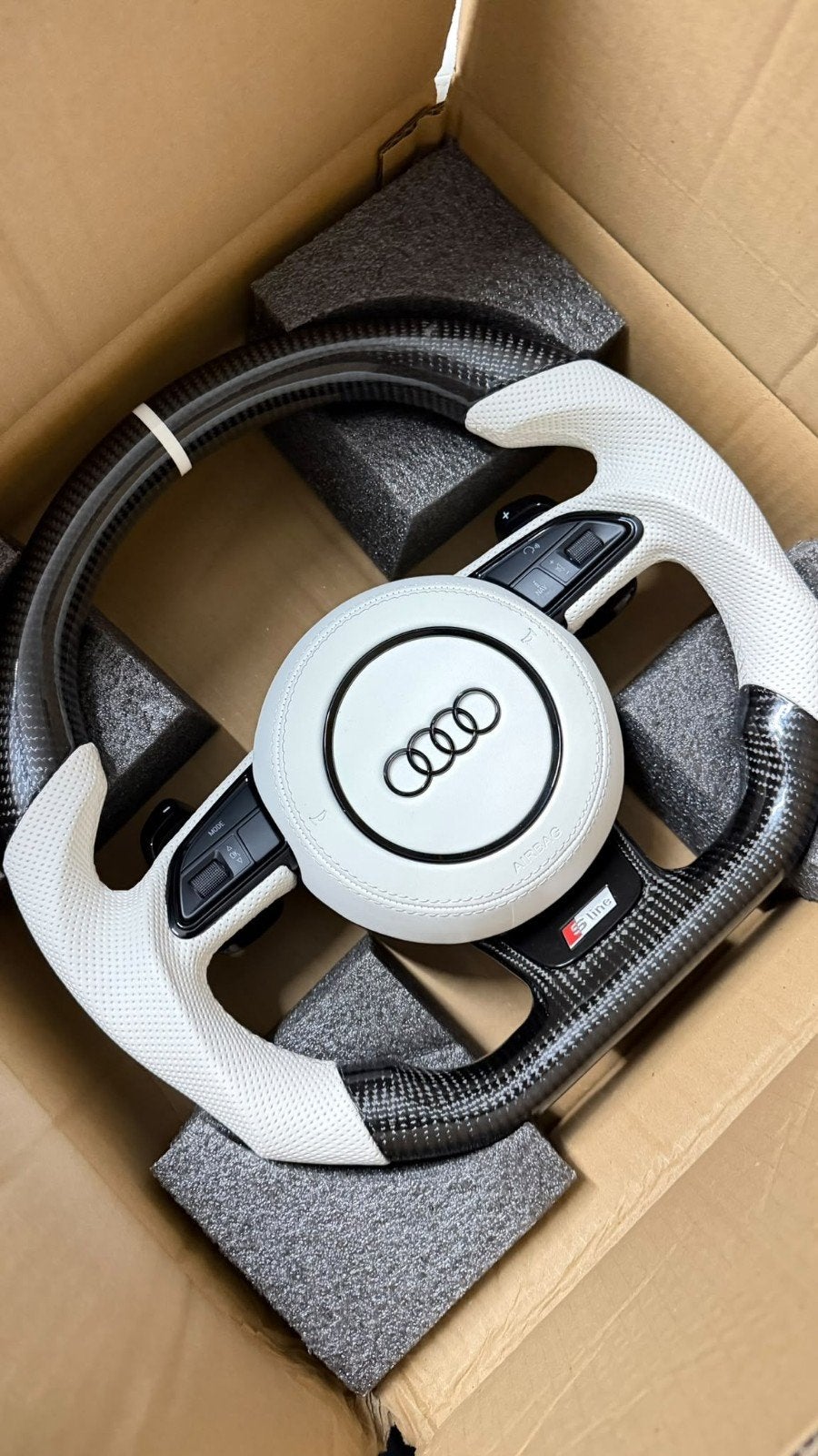 Audi S Line Stuur A1-A8 / Q3 / Q5 / Q7 - Carbon/Wit Leer, Auto-onderdelen, Ophalen of Verzenden, Gebruikt, Audi