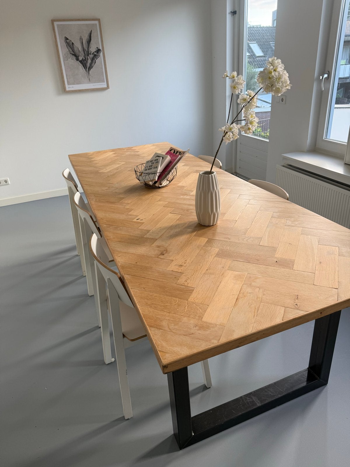 Visgraat eettafel met metalen onderstel, Ophalen, Gebruikt, 200 cm of meer, 50 tot 100 cm