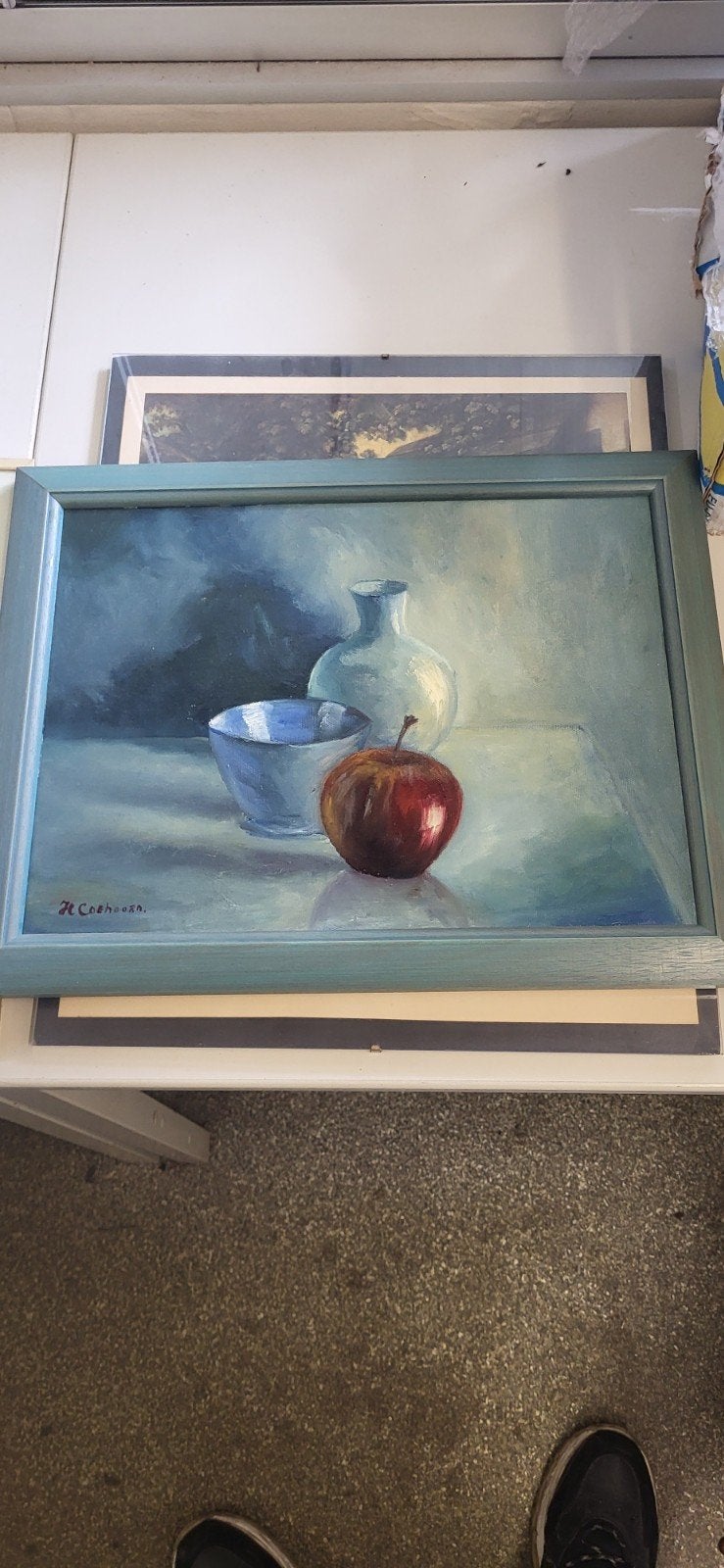 Stilleven met appel en vazen - Gesigneerd schilderij, Ophalen of Verzenden