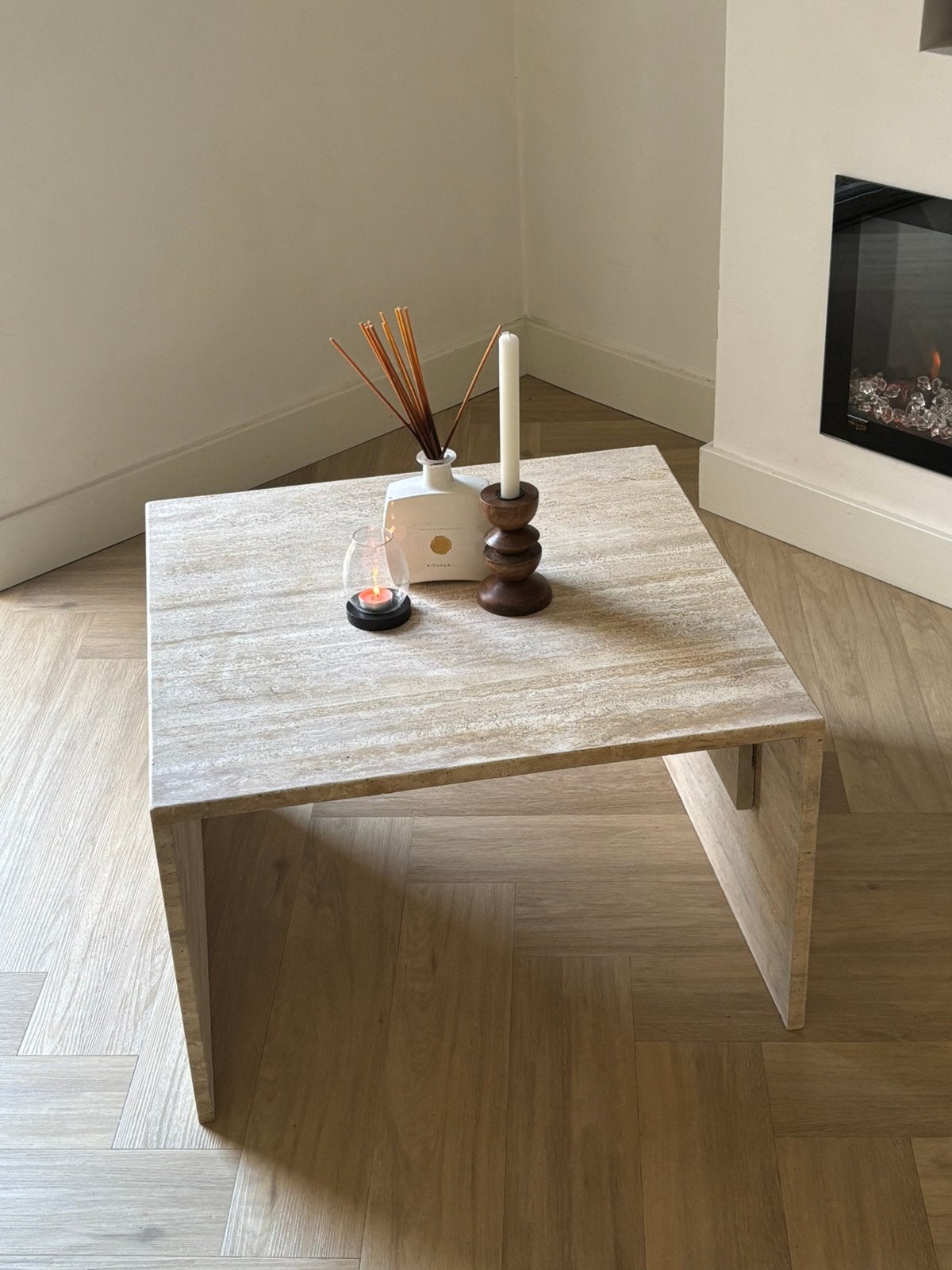 Travertin salontafel/bijzettafel xxl, Ophalen, Overige materialen, 50 tot 100 cm, Travertin japandi vintage marmeren natuursteen