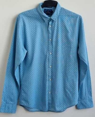 Scotch & Soda lichtblauw overhemd met blauwe printjes mt. L, Blauw, Ophalen of Verzenden, Zo goed als nieuw, Halswijdte 41/42 (L)