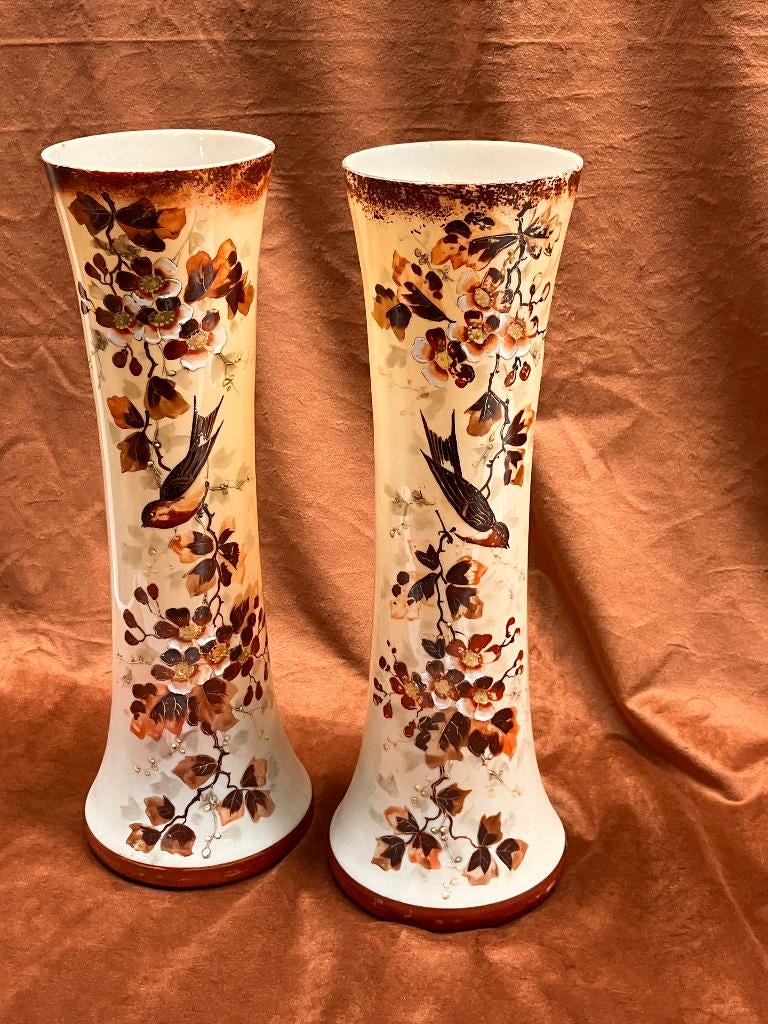 Stel opaline glazen vazen met vogels ca. 1890-1910, Antiek en Kunst, Antiek | Glas en Kristal, Verzenden