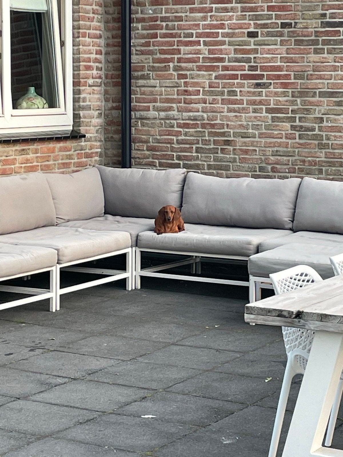 Tuin Lounge Hoekbank met Kussens wit grijs, Ophalen, Gebruikt, 6 zitplaatsen, Aluminium