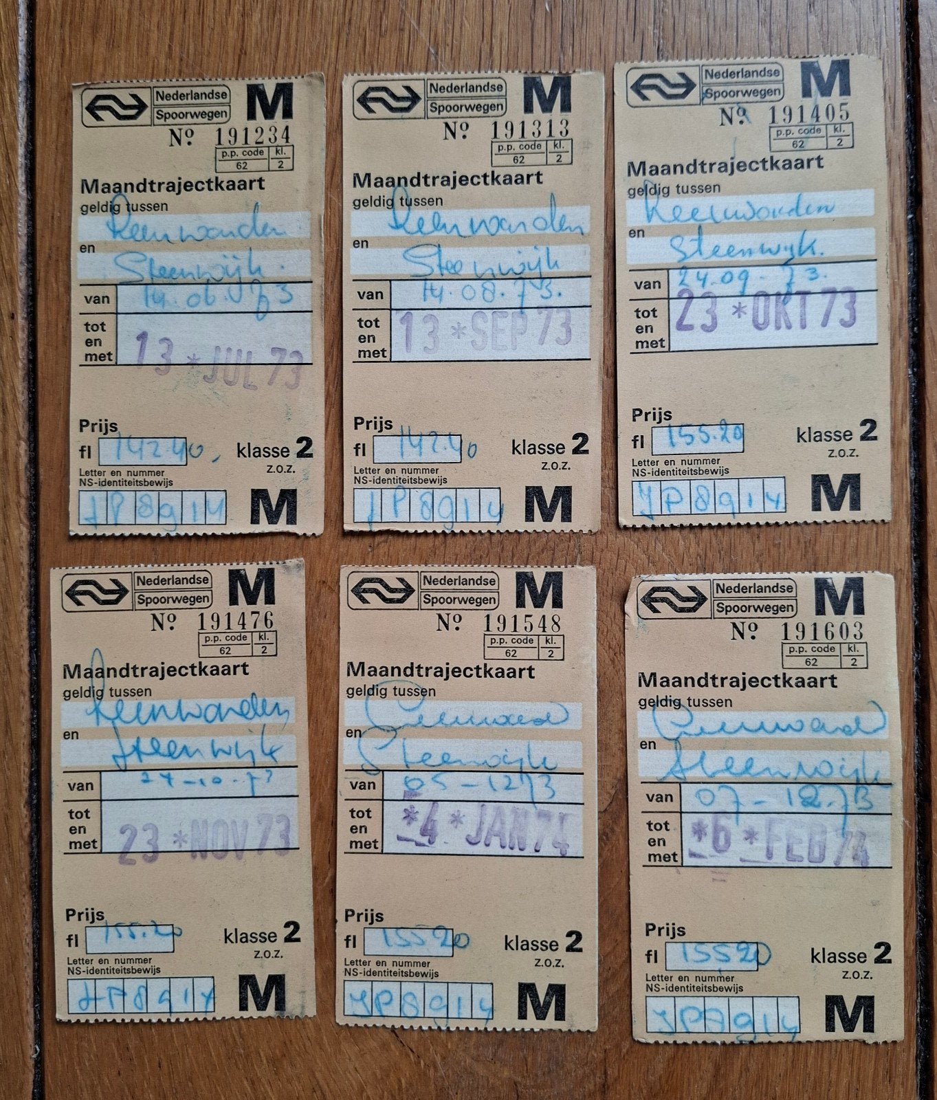 NS Maandtrajectkaarten uit de jaren '70 - Verzameling, Ophalen of Verzenden, Gebruikt, Trein, Kaart of Prent