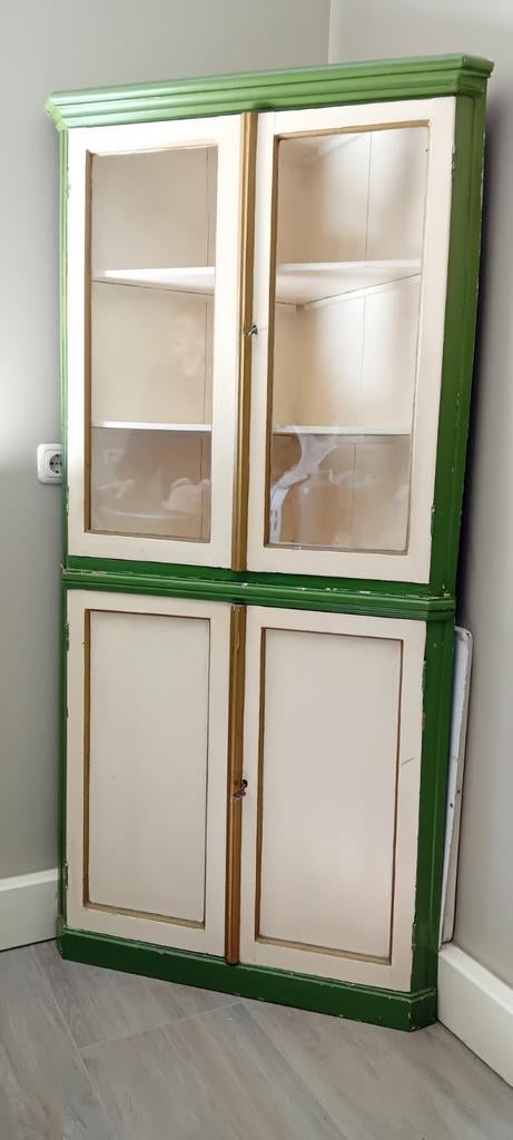 Brocante Houten Hoekkast, Huis en Inrichting, Ophalen, Gebruikt, 50 tot 100 cm, Glas