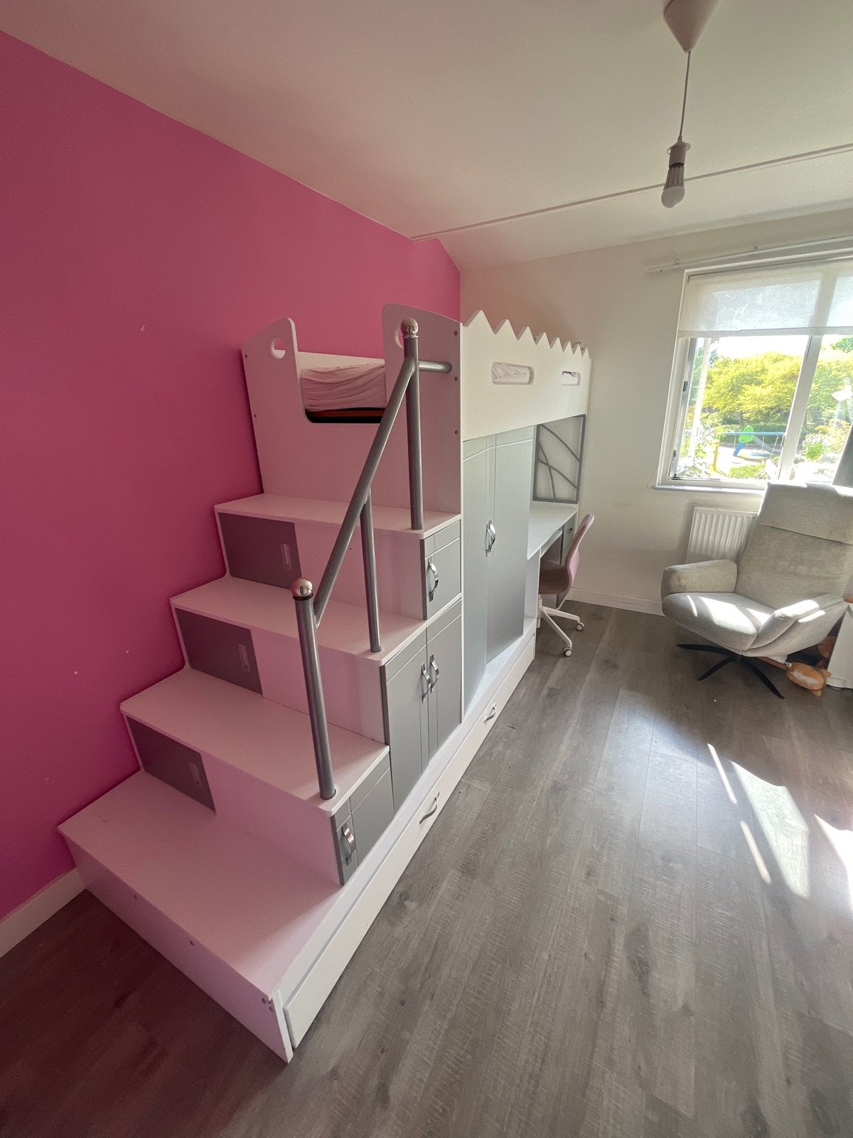 Hoogslaper met bureau, kast en opbergruimte (t.e.a.b), Ophalen, 85 tot 100 cm, Gebruikt, Hoogslaper of Stapelbed