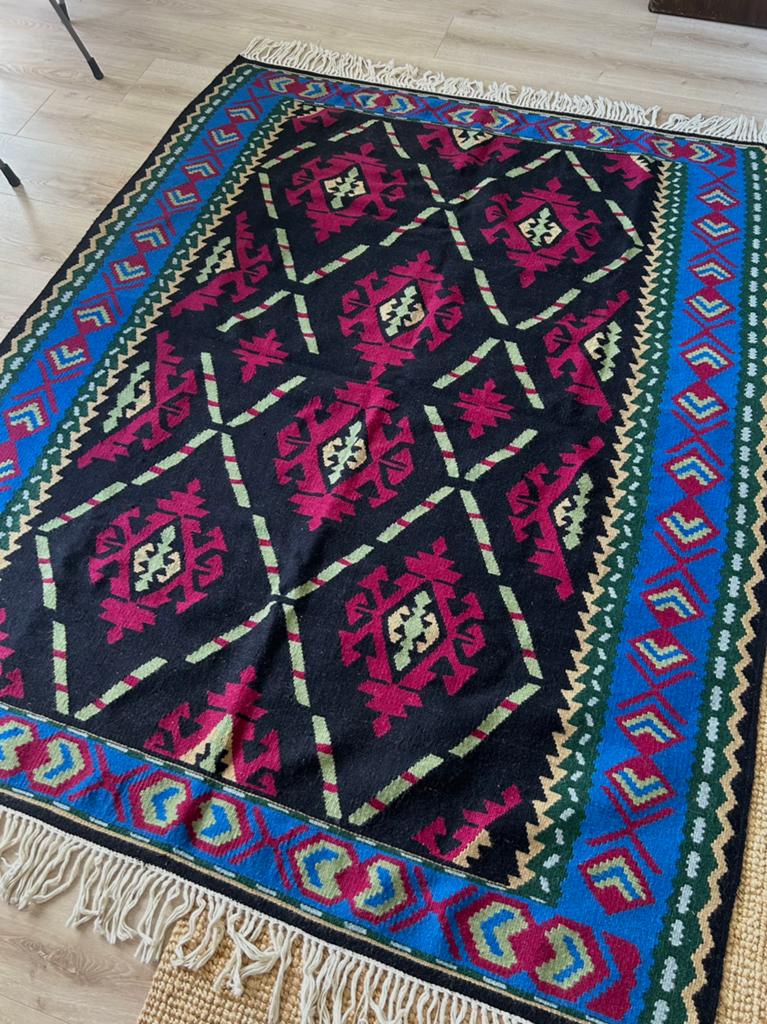 Groot handgeweven wollen tapijt / kleed (175x225cm), Groen, Ophalen of Verzenden, Zo goed als nieuw, 200 cm of meer