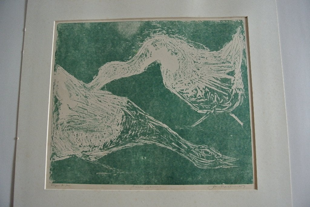 jan bezemer litho twee ganzen, Ophalen of Verzenden