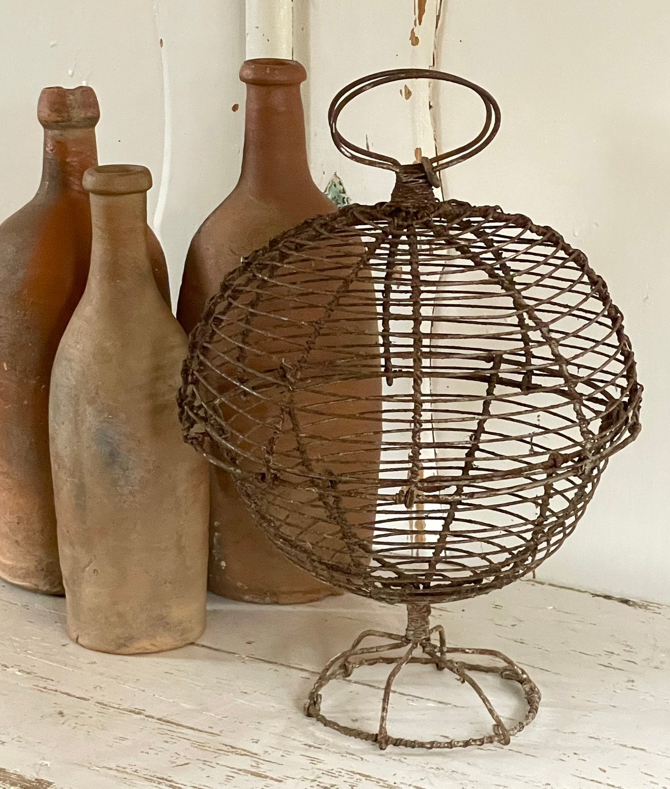 Brocante oude Franse draad eiermand op voetje, Ophalen of Verzenden