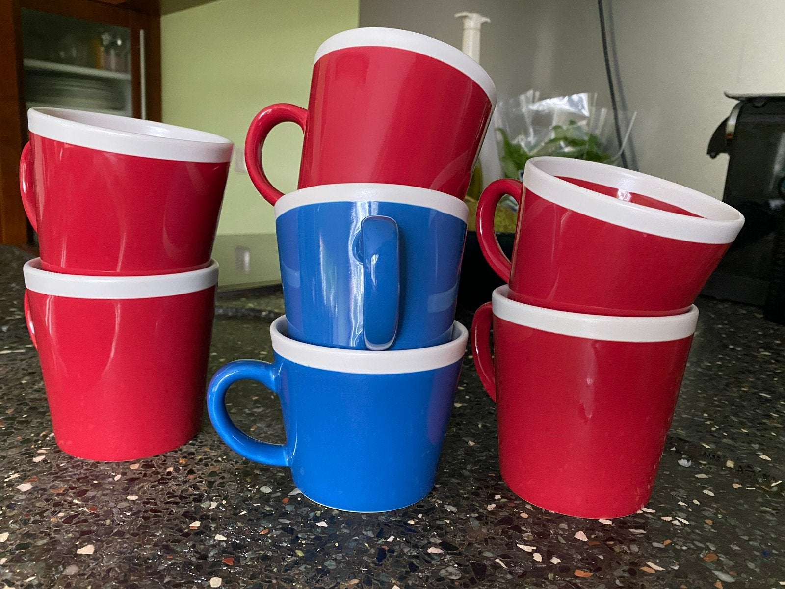 Zeven stevige soepkommen- blauw en rood, Huis en Inrichting, Keuken | Servies, Ophalen, Zo goed als nieuw, Kom(men), Overige stijlen