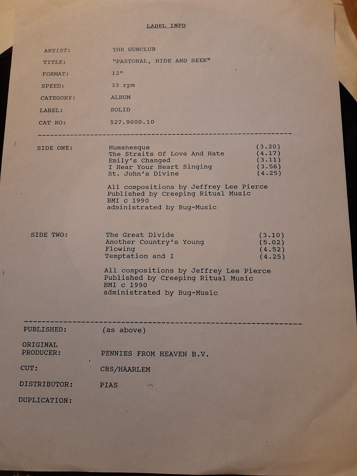 The Gun Club Pastoral hide & seek test pressing, Verzenden, Gebruikt, 12 inch, Poprock