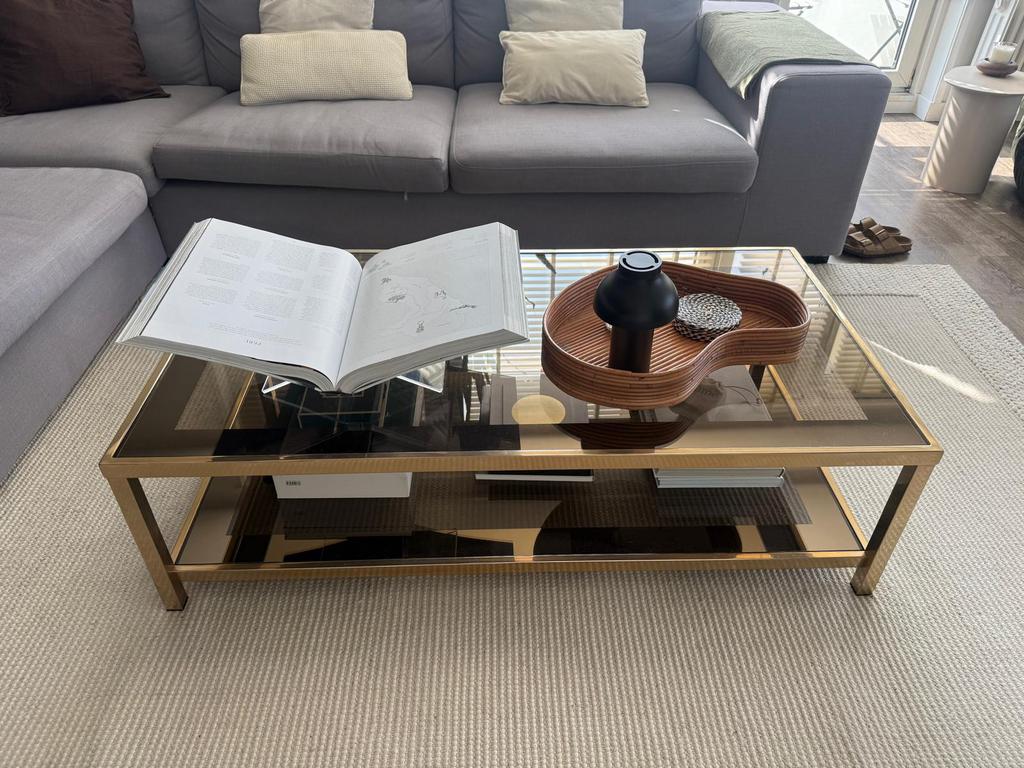 Glazen salontafel met gouden frame, Huis en Inrichting, Tafels | Salontafels, Ophalen, Gebruikt, 100 tot 150 cm, 50 tot 100 cm