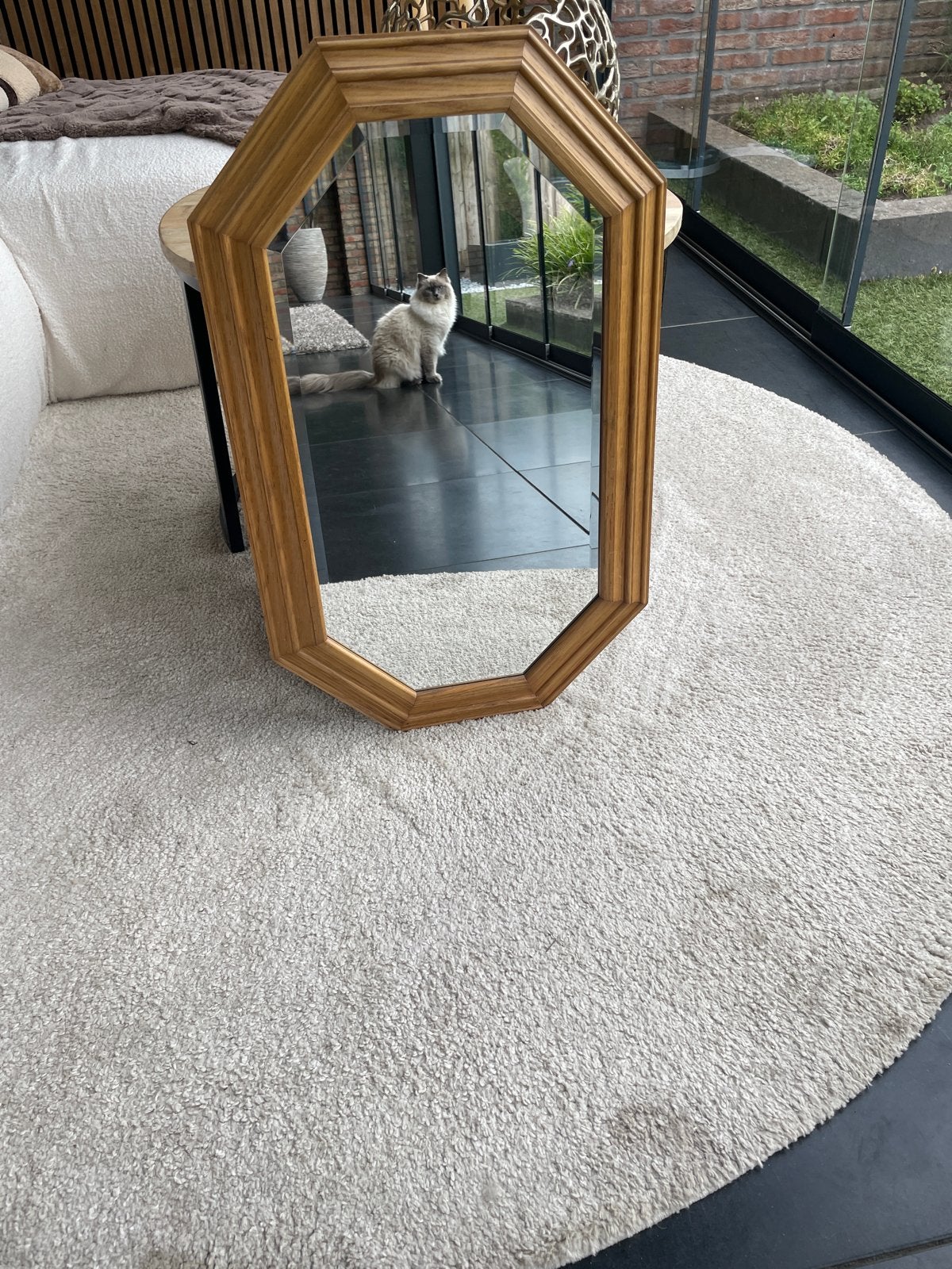 Houten spiegel, achthoekig, decoratief, Gebruikt, 100 tot 150 cm, Ophalen of Verzenden, Overige vormen