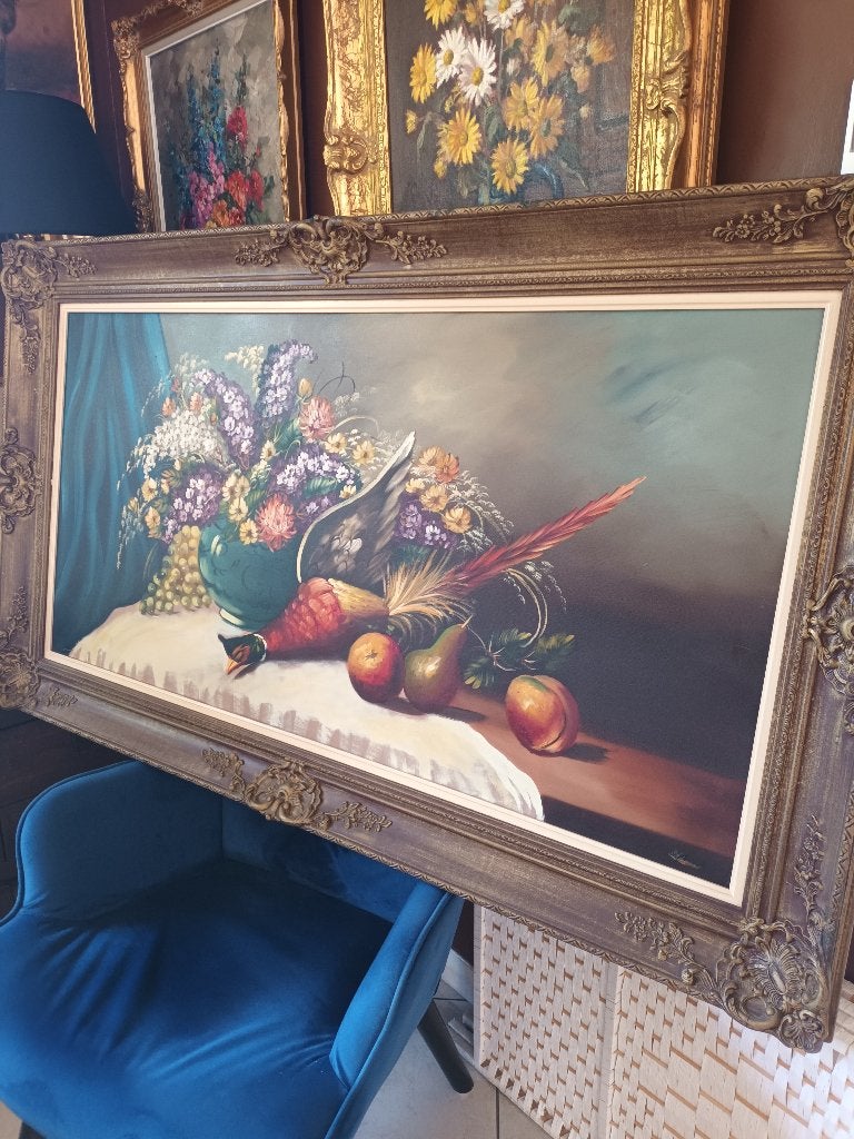 Schilderij bloemen , groot mooi stuk., Doek, Gesigneerd, Klassiek, Ophalen