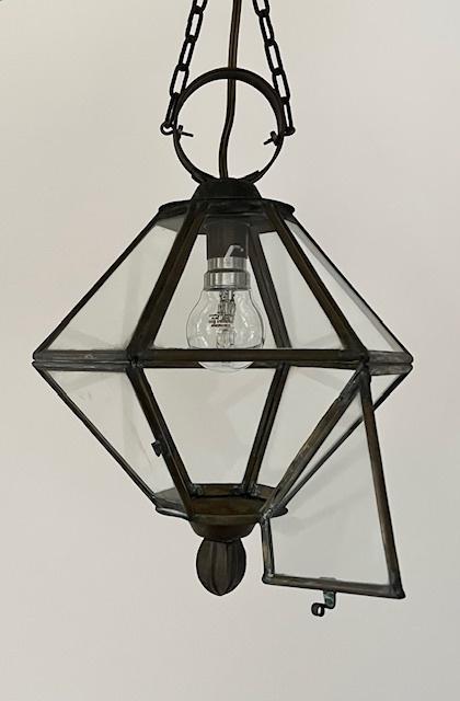 Vintage Franse koperen hal lamp met helder glas, Ophalen of Verzenden, Gebruikt, Glas, Minder dan 50 cm
