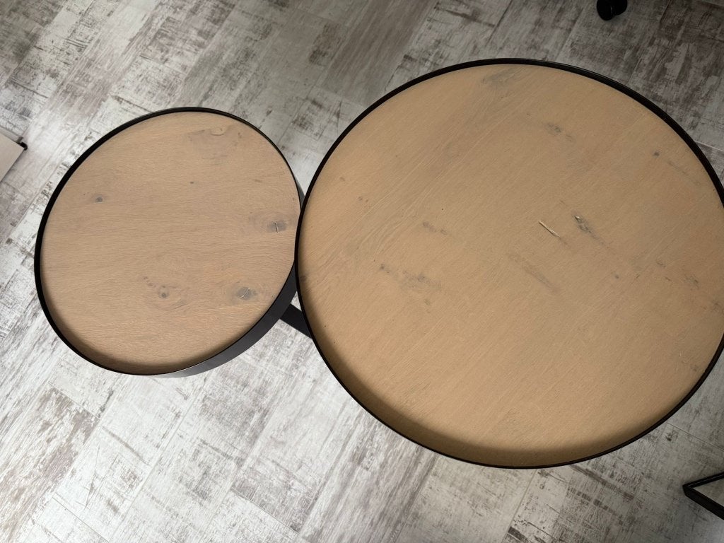 Set eiken bijzet tafels, Gebruikt, Rond, 55 tot 75 cm, Industrieel