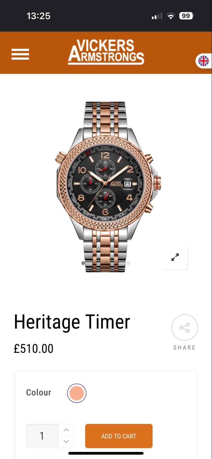 Vickers Armstrongs Heritage Timer Herenhorloge, Staal, Polshorloge, Nieuw, Ophalen