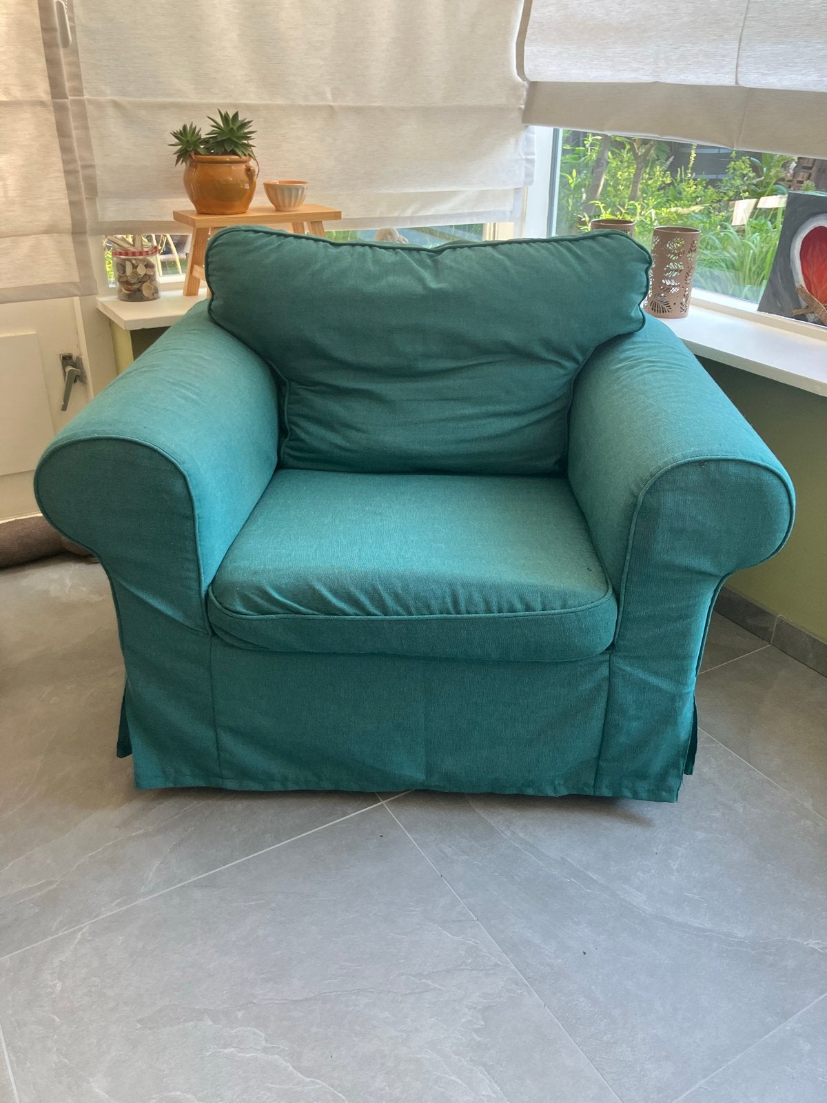 Comfortabele turquoise fauteuil Ikea Ektorp, Ophalen, Gebruikt, Stof, 75 tot 100 cm