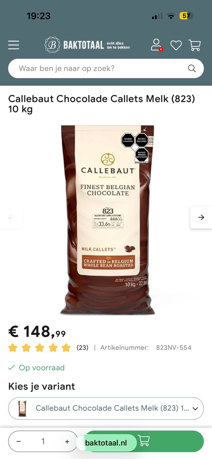 Callebaut 823 - 30 KG - Melk Chocolade Druppels, Ophalen of Verzenden