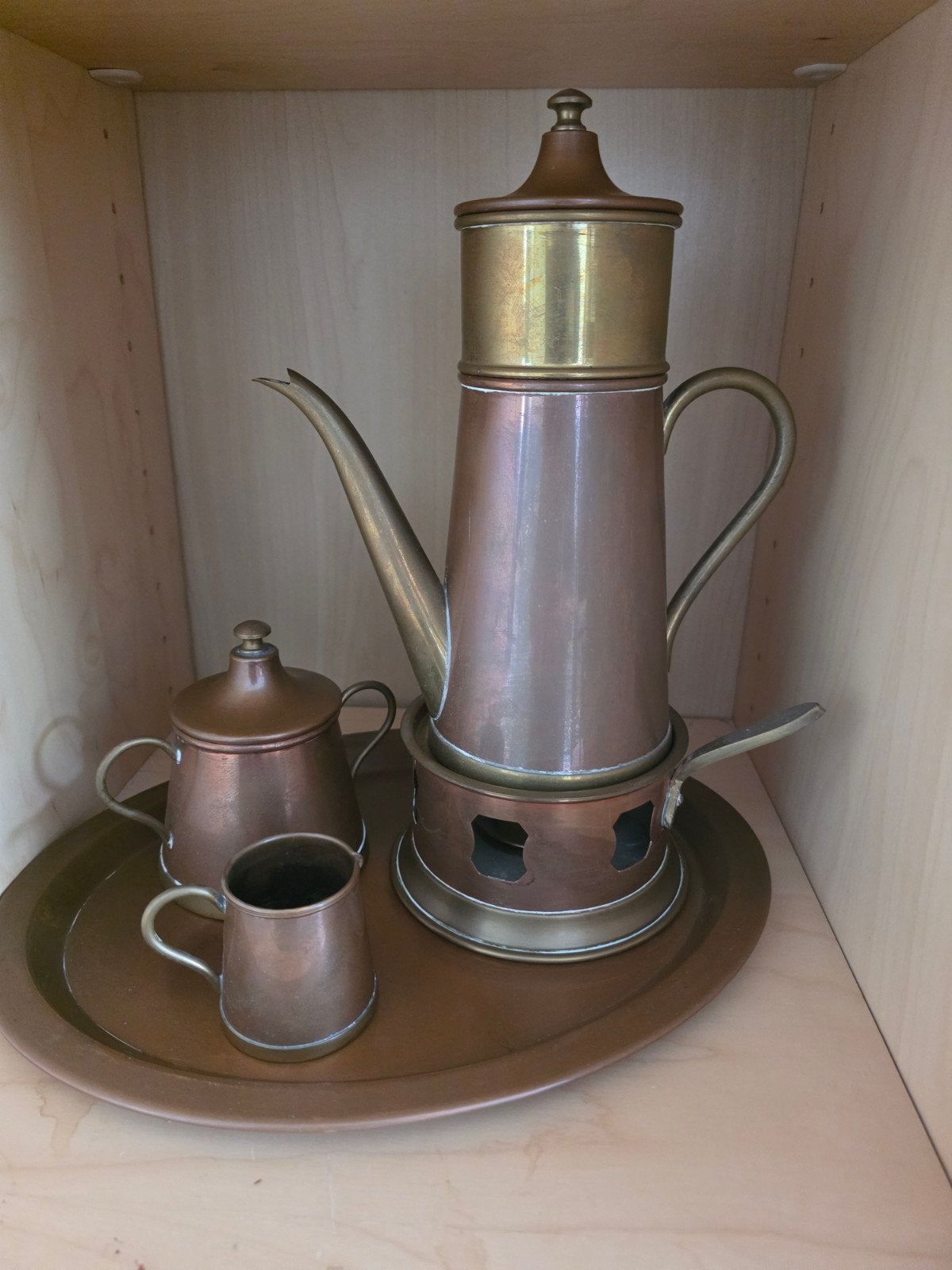 Antieke Koperen Koffieset met Brandertje en Dienblad, Antiek en Kunst, Ophalen, Koper