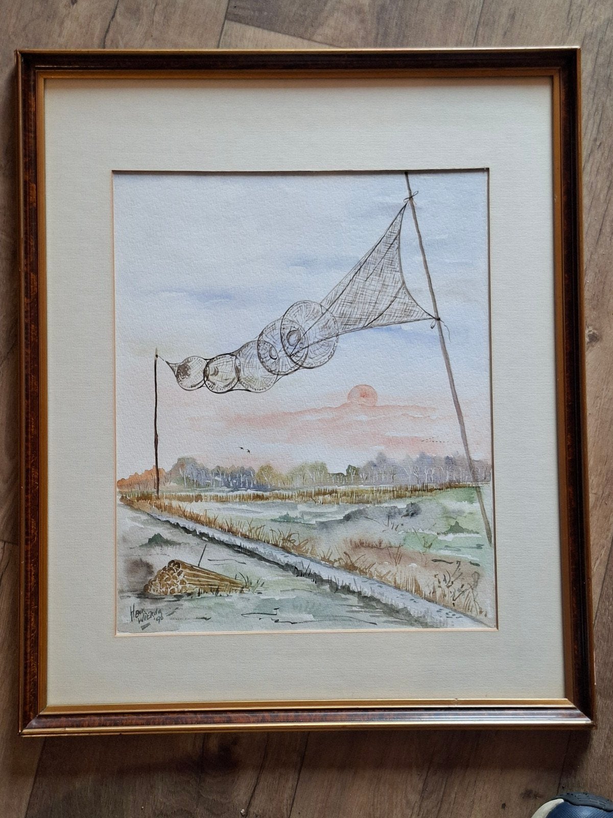 Aquarel Landschap met Viskorf door Henk Wierda '96, Realistisch, Ophalen of Verzenden, Gedateerd, Landschap