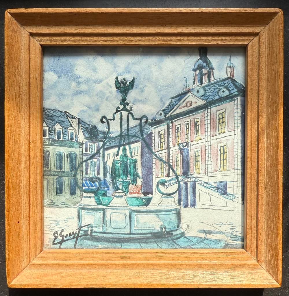 Aquarel Franse fontein - gesigneerd, Ophalen of Verzenden